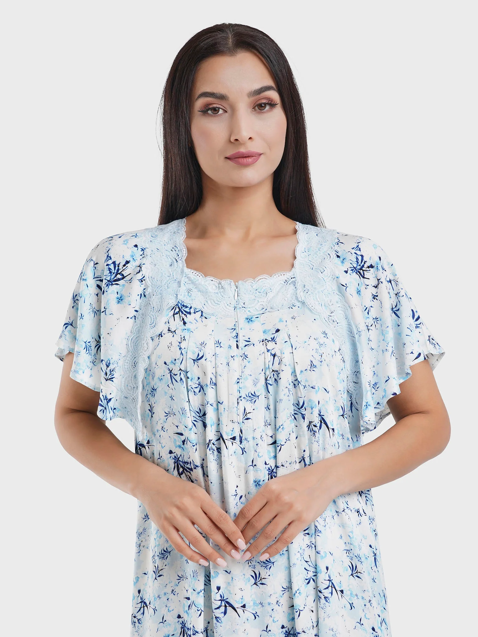 Blue Viscose Floral Print Nightwear Dress (CNH448)