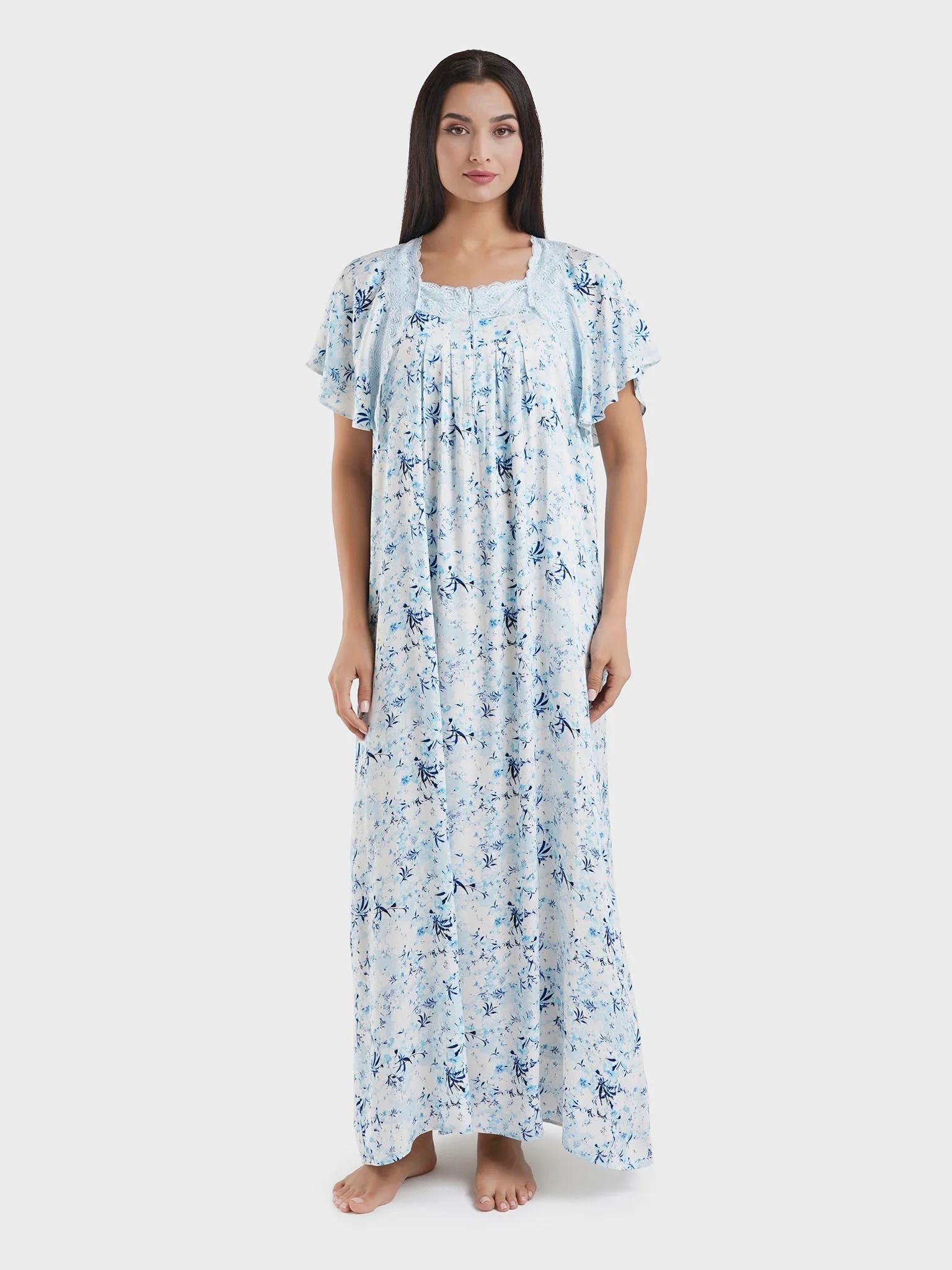 Blue Viscose Floral Print Nightwear Dress (CNH448) - Image 2
