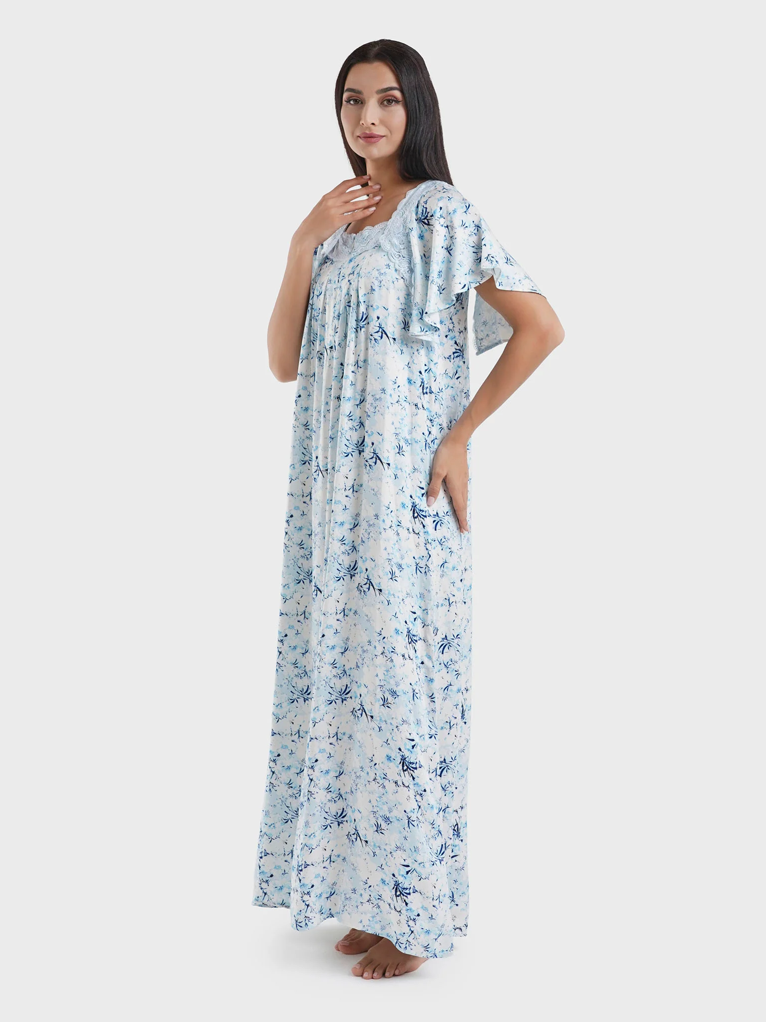 Blue Viscose Floral Print Nightwear Dress (CNH448) - Image 3