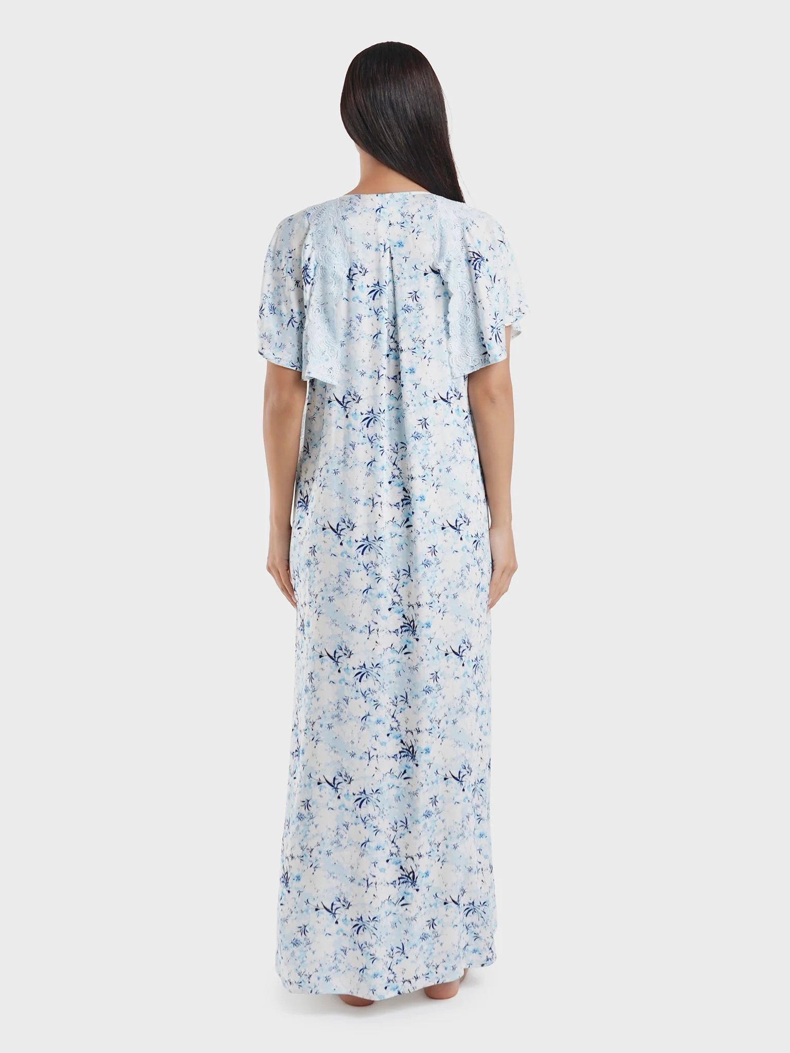 Blue Viscose Floral Print Nightwear Dress (CNH448) - Image 4