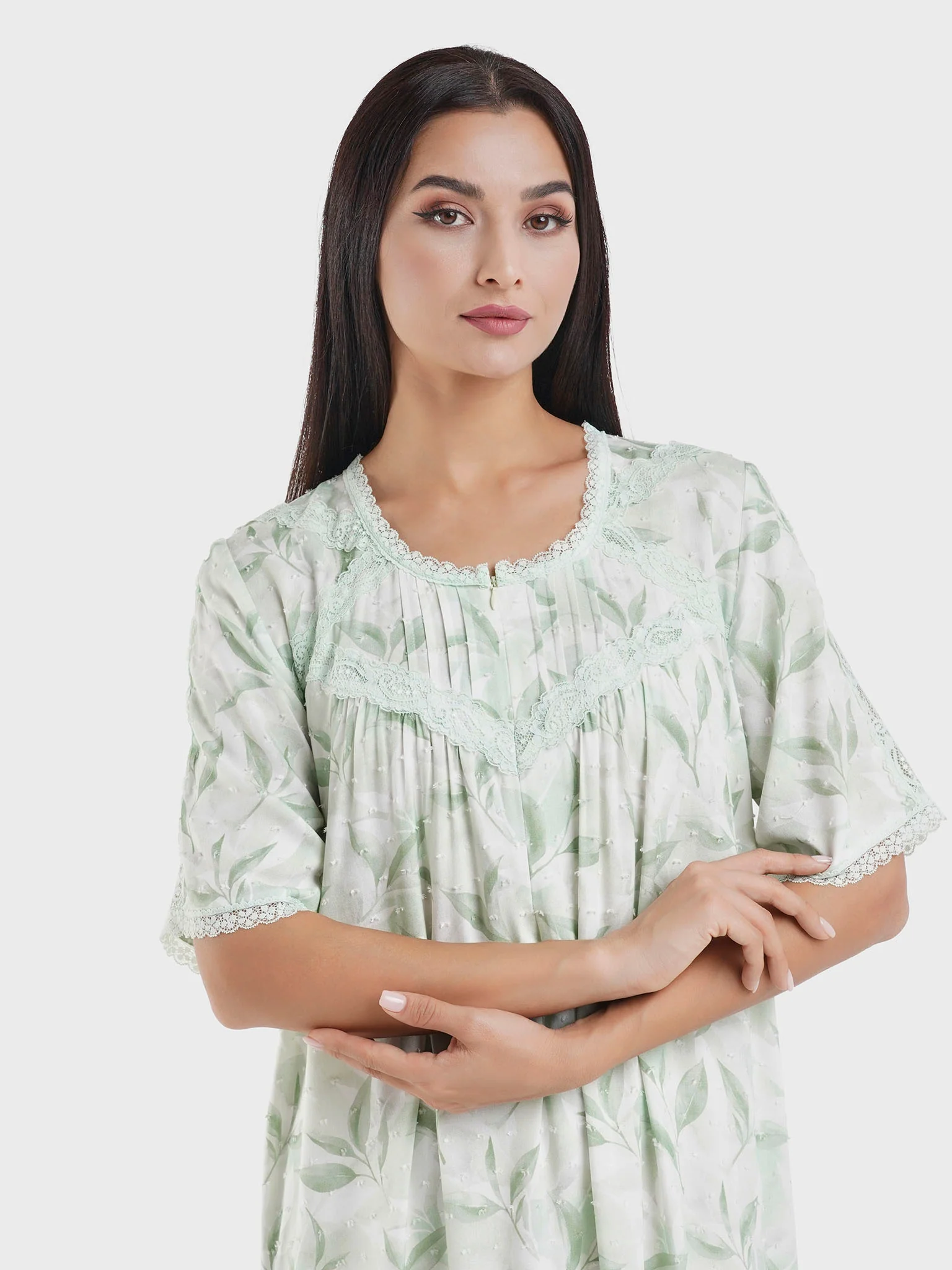 Viscose Doby Leaf Print Nightwear Dress (CNH452)