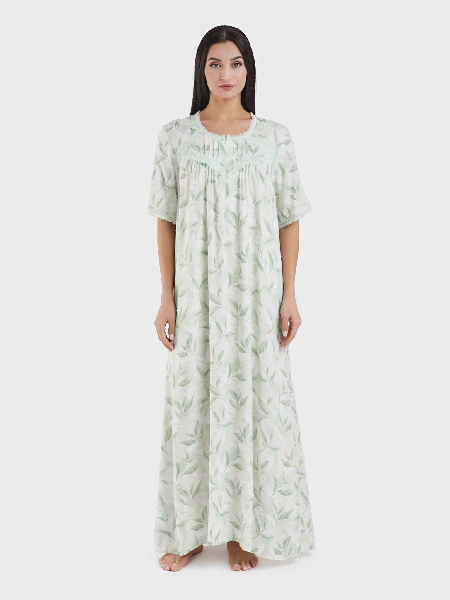 Viscose Doby Leaf Print Nightwear Dress (CNH452) - Image 2