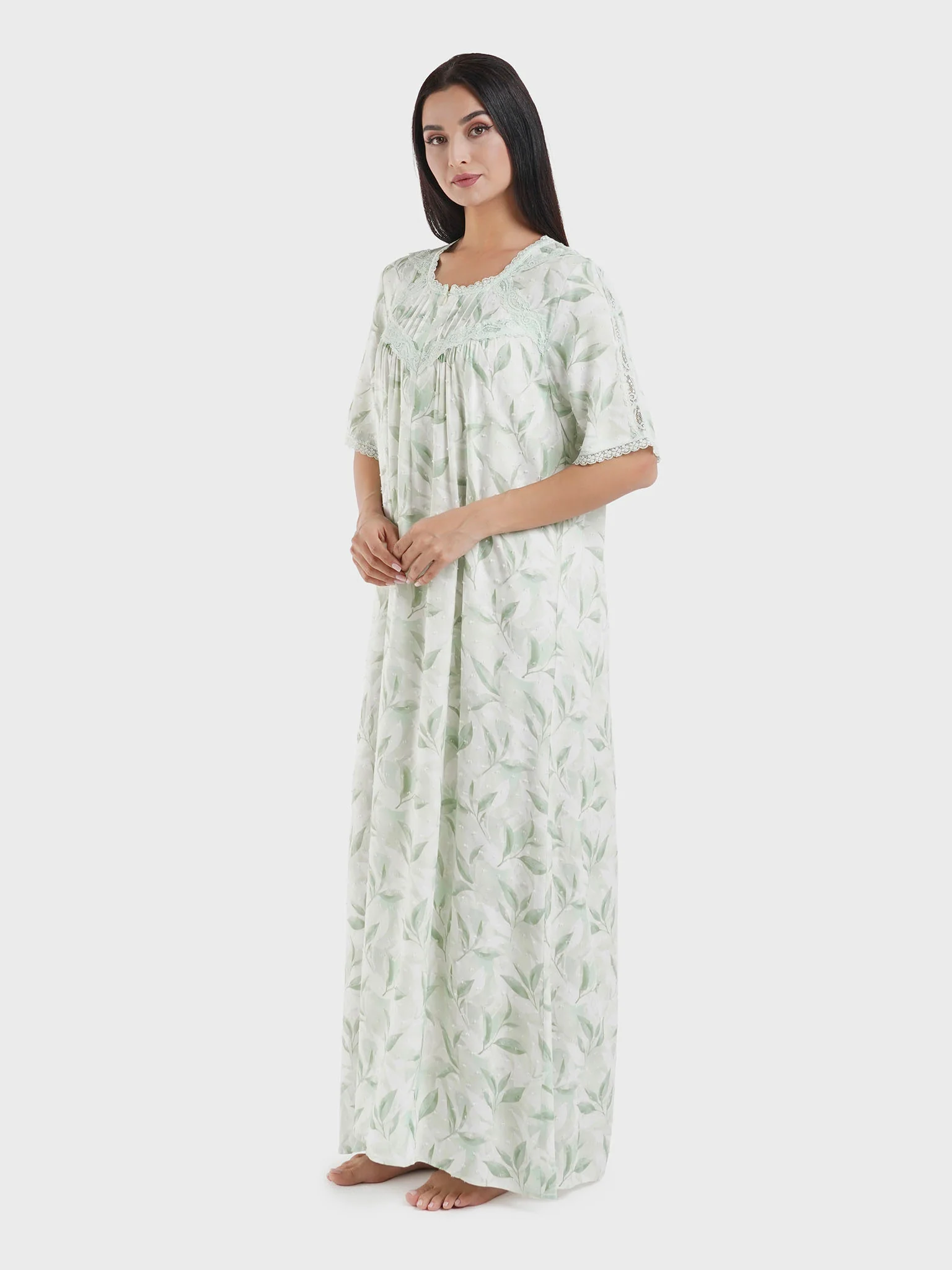 Viscose Doby Leaf Print Nightwear Dress (CNH452) - Image 3