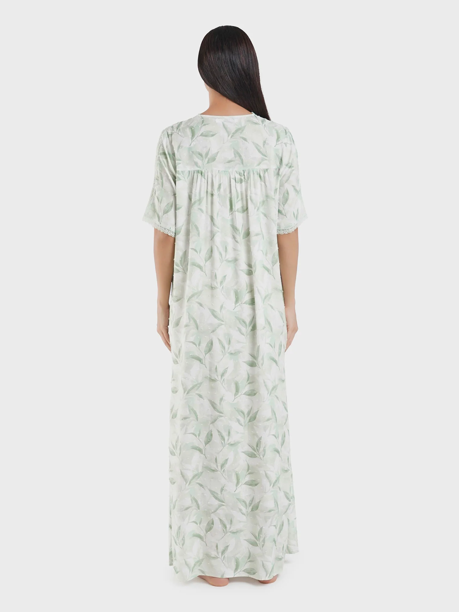 Viscose Doby Leaf Print Nightwear Dress (CNH452) - Image 4