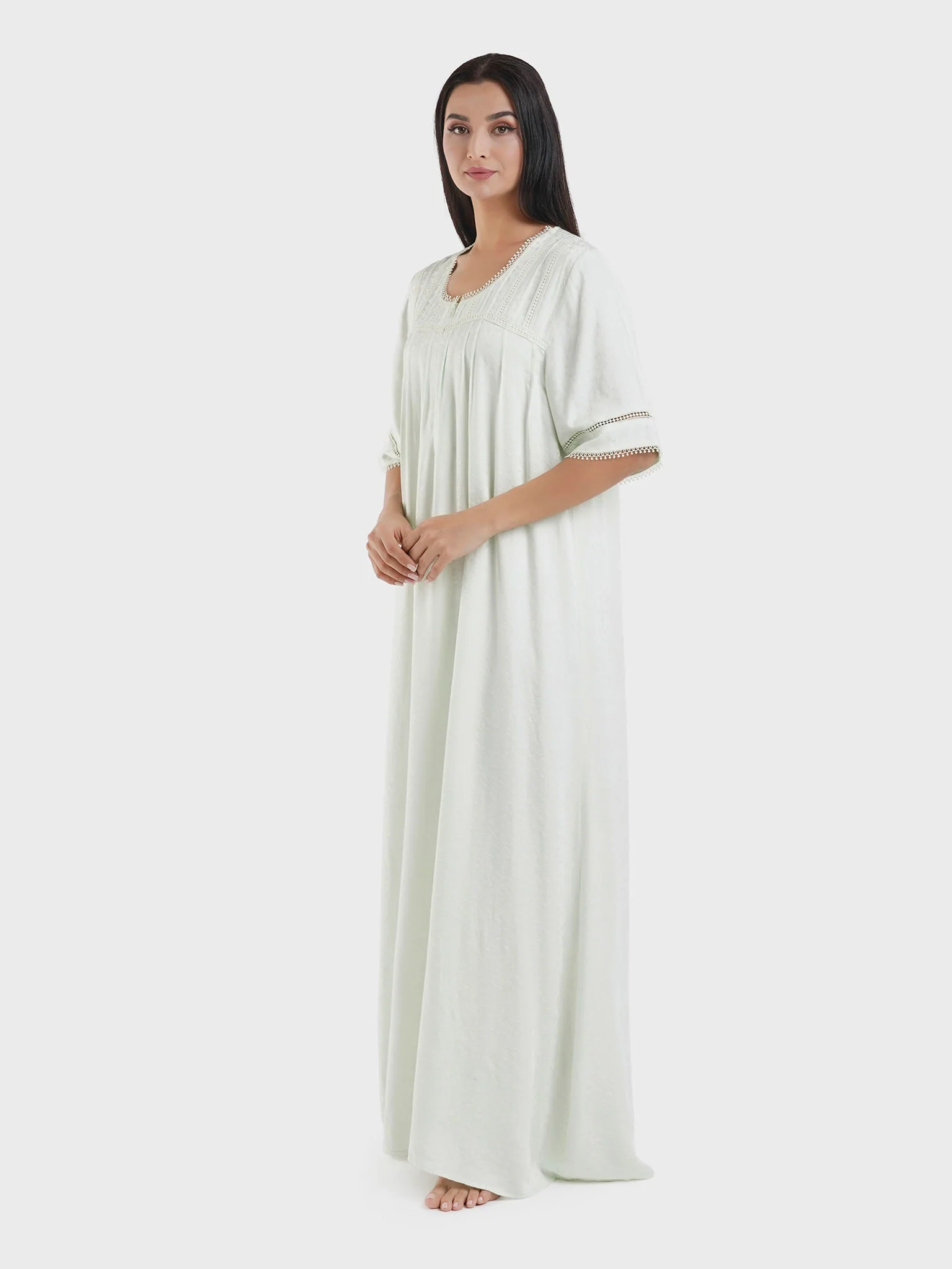 Light Green Jacquard Viscose Floral Print Nightwear Dress (CNH453) - Image 3