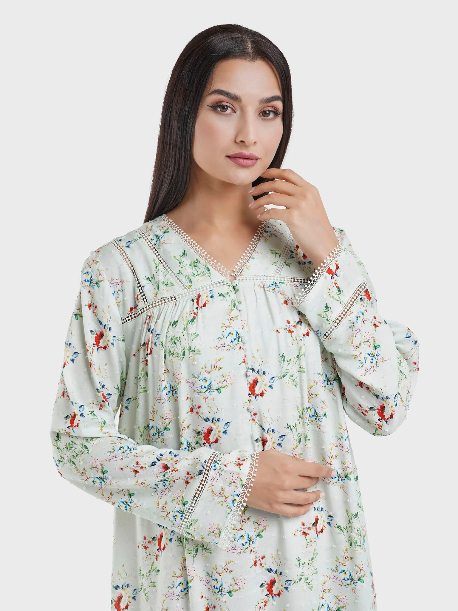 Mint Green Floral Print Doby Viscose Nightwear Dress (CNH454)