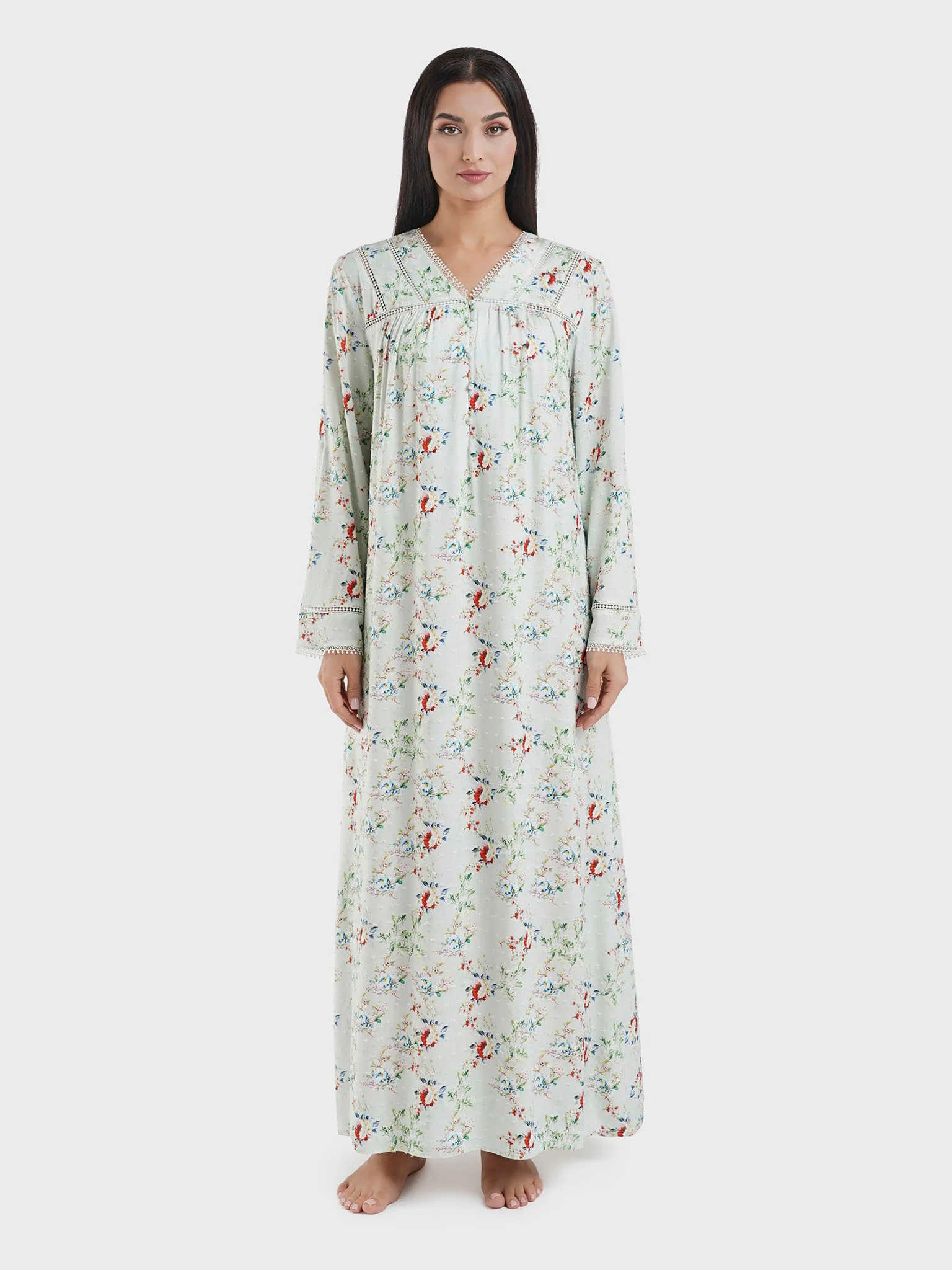 Mint Green Floral Print Doby Viscose Nightwear Dress (CNH454) - Image 2