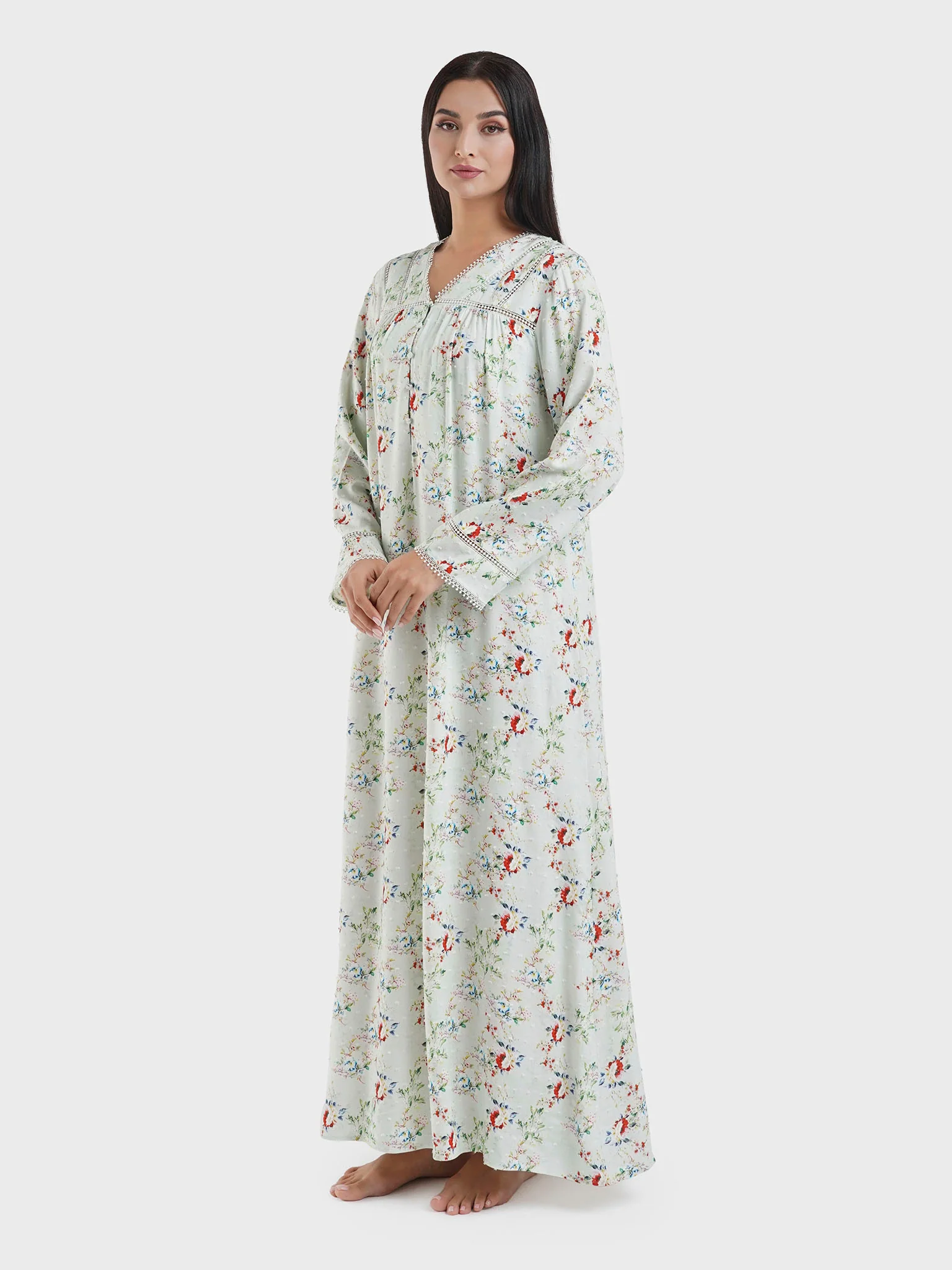 Mint Green Floral Print Doby Viscose Nightwear Dress (CNH454) - Image 3