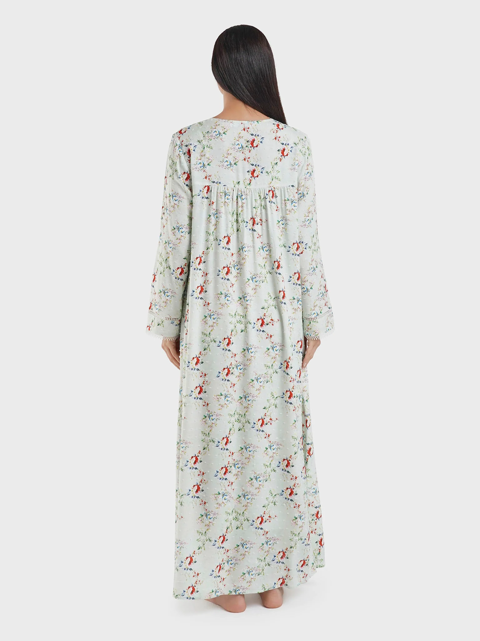 Mint Green Floral Print Doby Viscose Nightwear Dress (CNH454) - Image 4