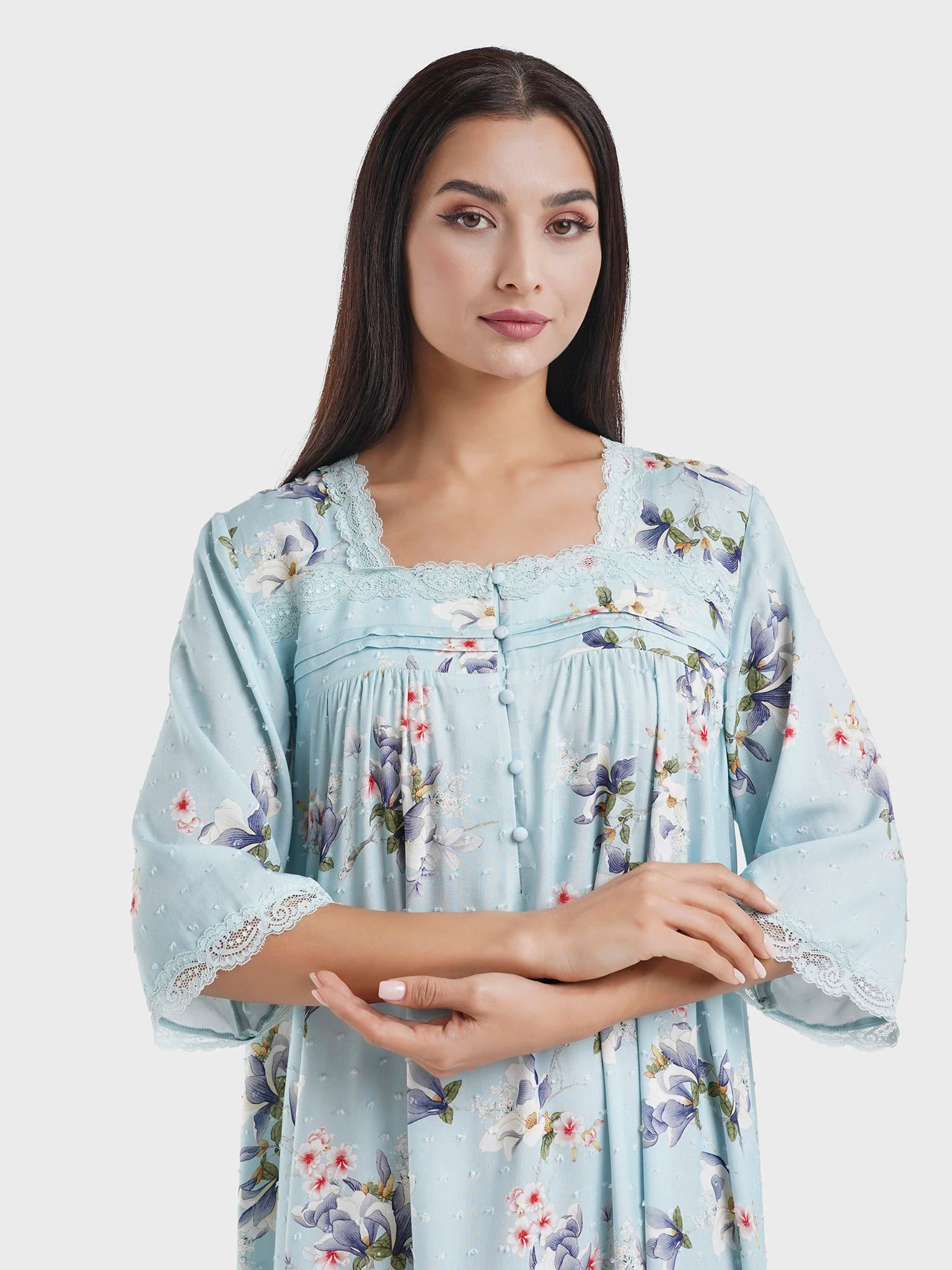 Blue Viscose Dobby Floral Print Nightwear Dress (CNH457)