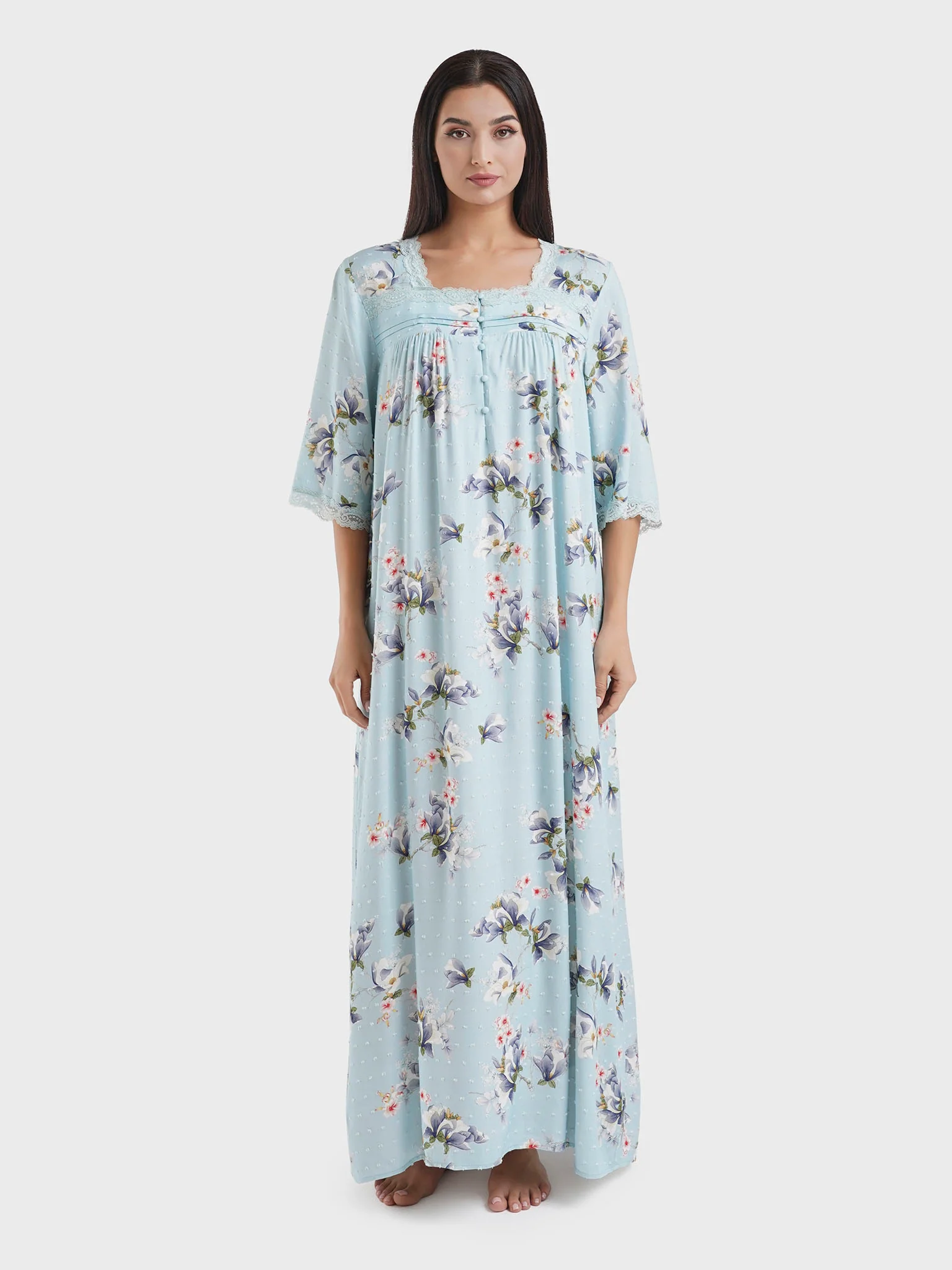 Blue Viscose Dobby Floral Print Nightwear Dress (CNH457) - Image 2