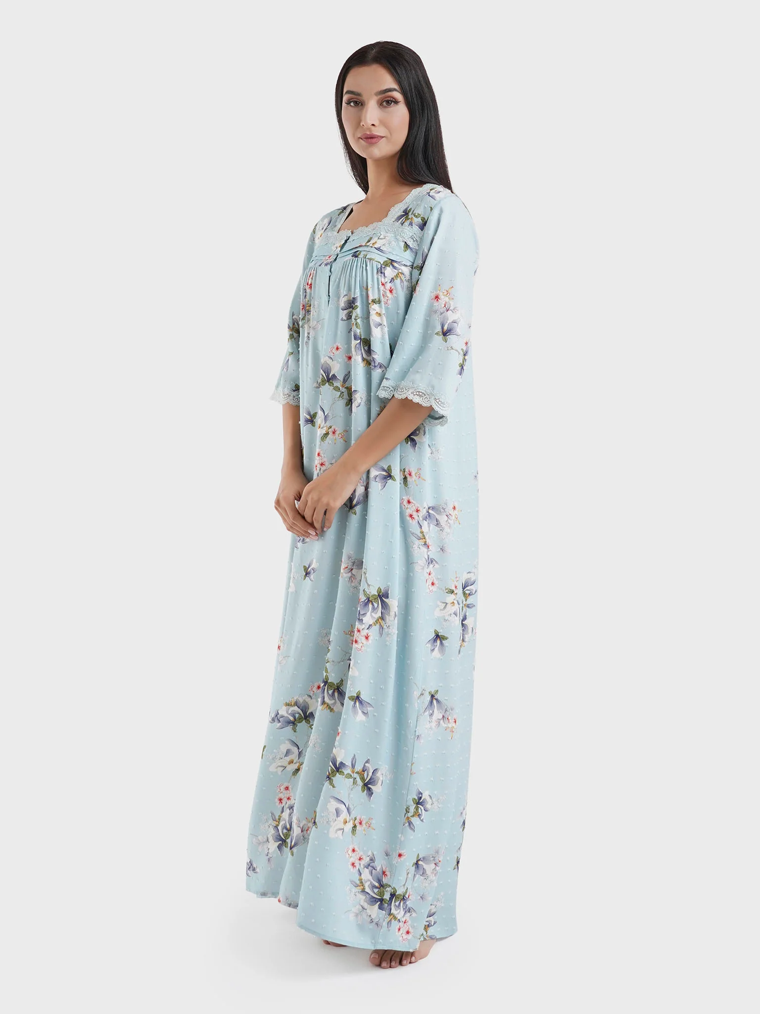 Blue Viscose Dobby Floral Print Nightwear Dress (CNH457) - Image 3