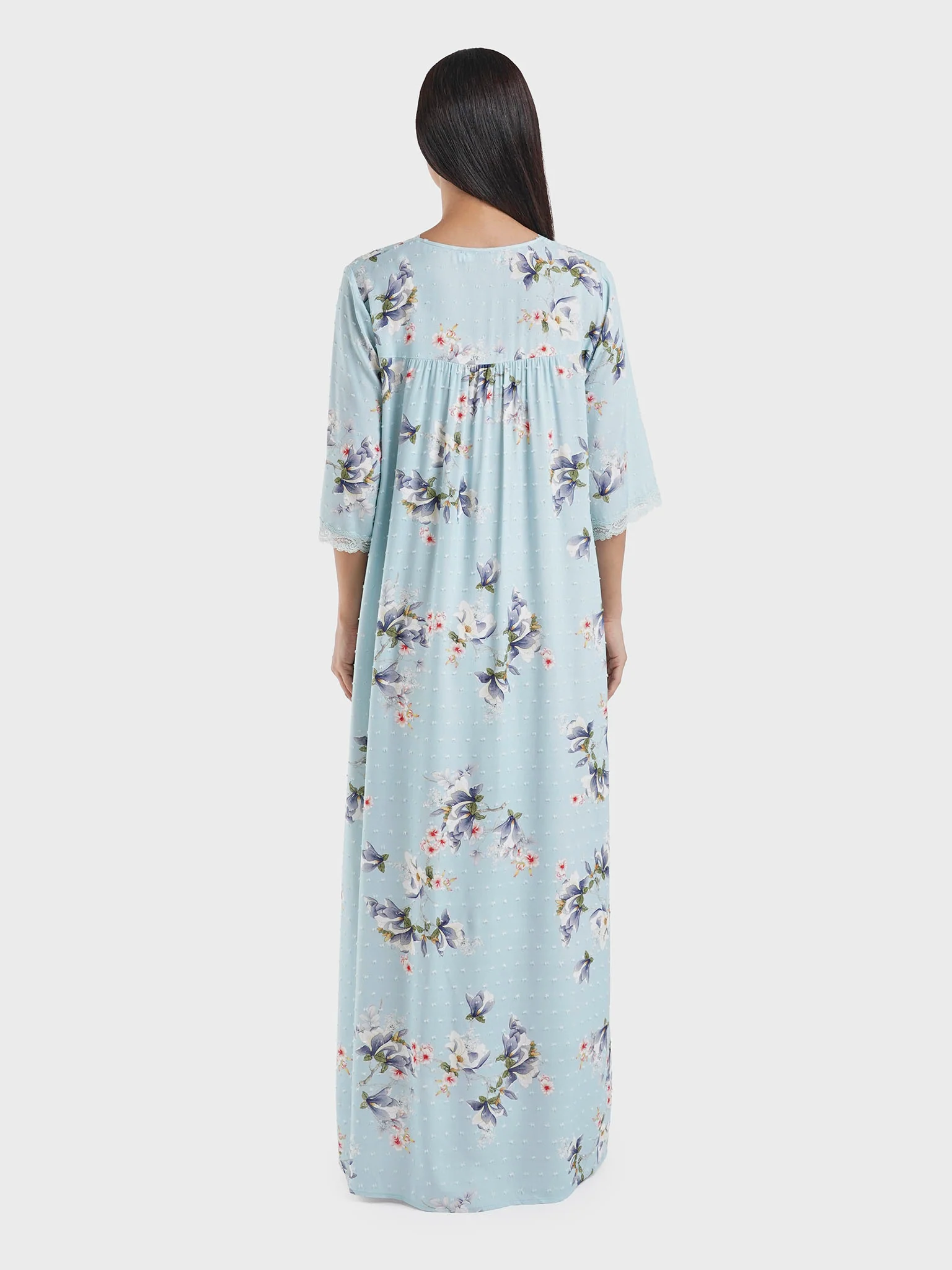 Blue Viscose Dobby Floral Print Nightwear Dress (CNH457) - Image 4