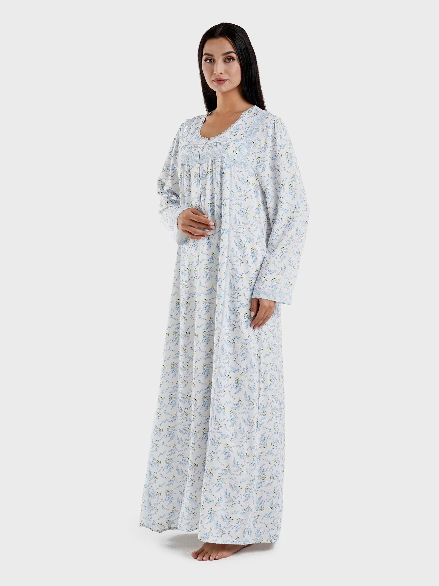 White Viscose Floral Print Nightwear Dress (CNH460) - Image 3