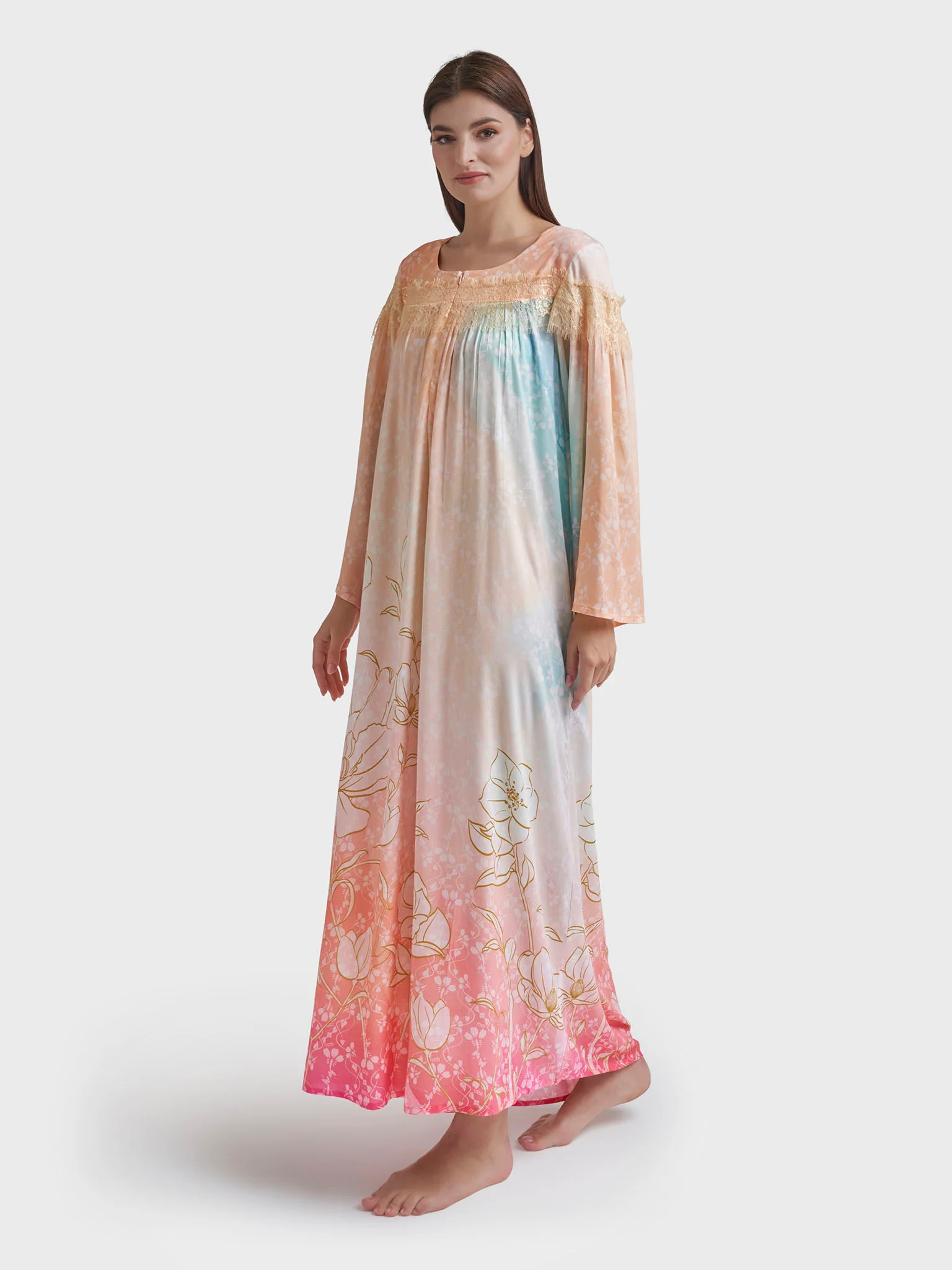 Peach Rayon Floral Print Long Nightwear Dress (REM3109) - Image 3