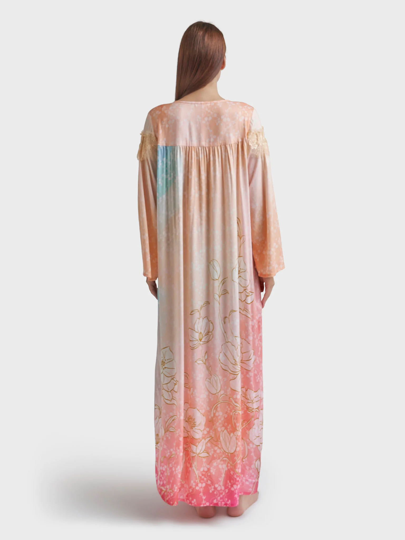 Peach Rayon Floral Print Long Nightwear Dress (REM3109) - Image 4