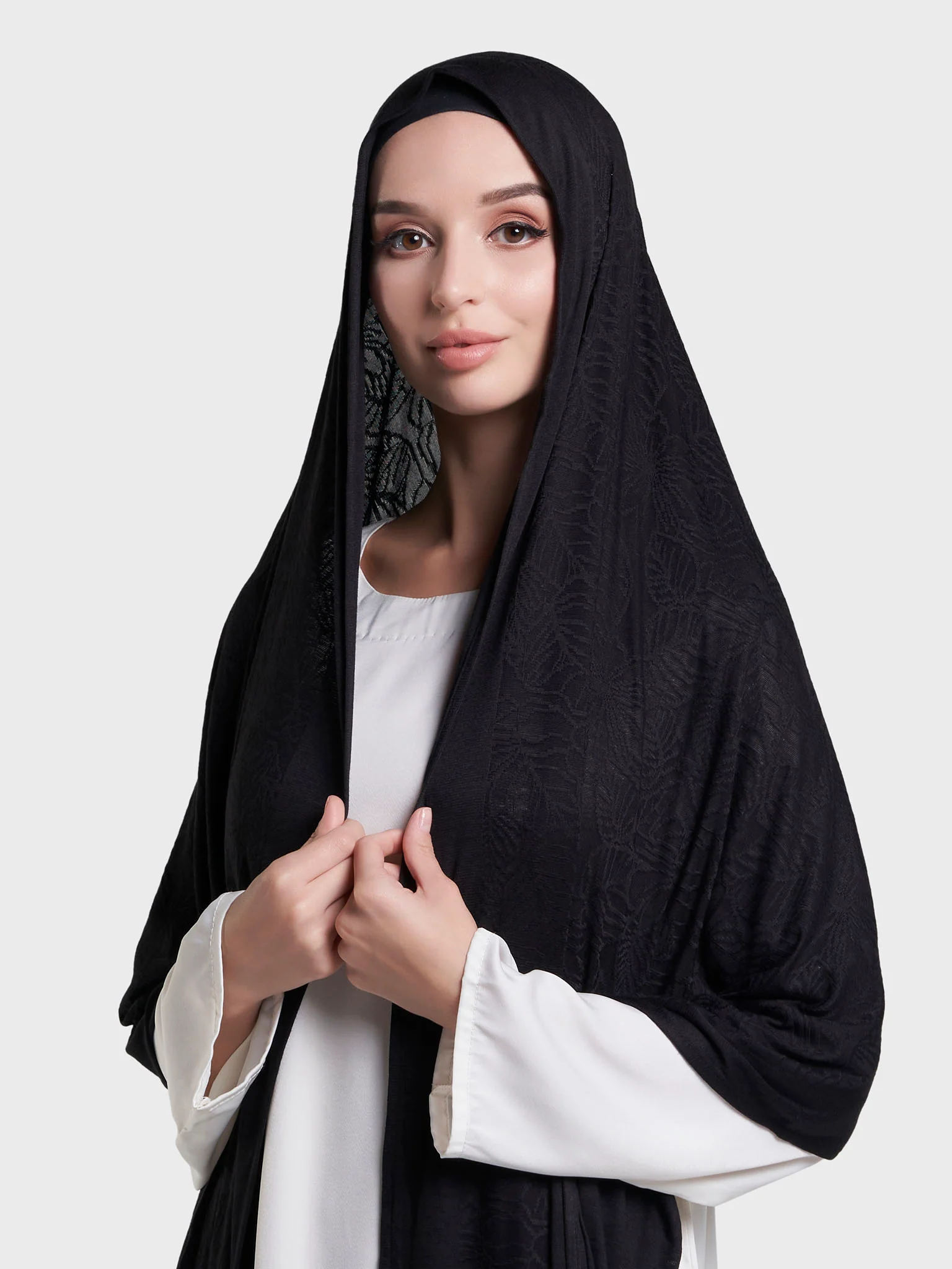 Solid Self Design Leaf Jacquard Print Hijab (KP18208L) - Image 13