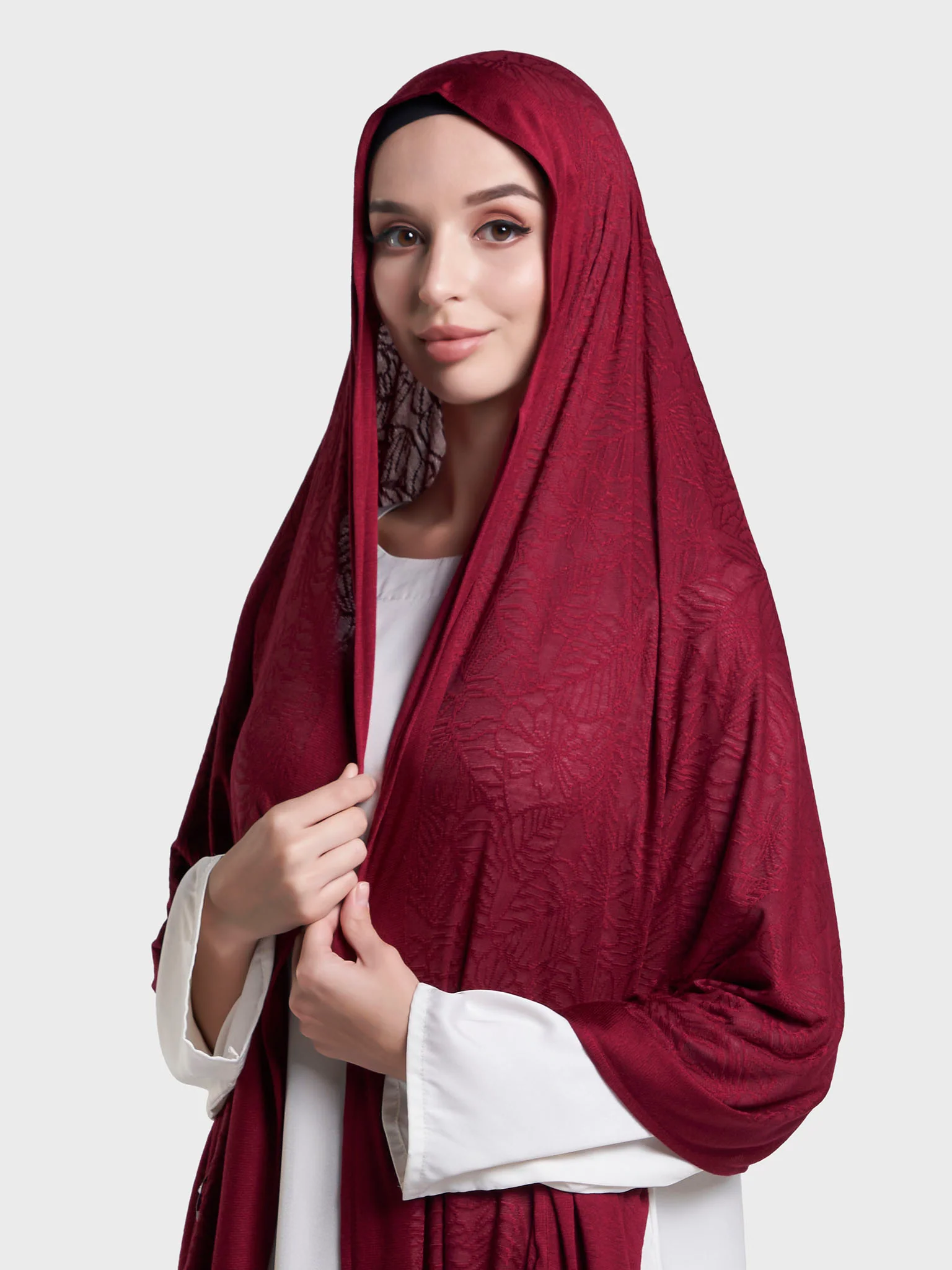 Solid Self Design Leaf Jacquard Print Hijab (KP18208L) - Image 22
